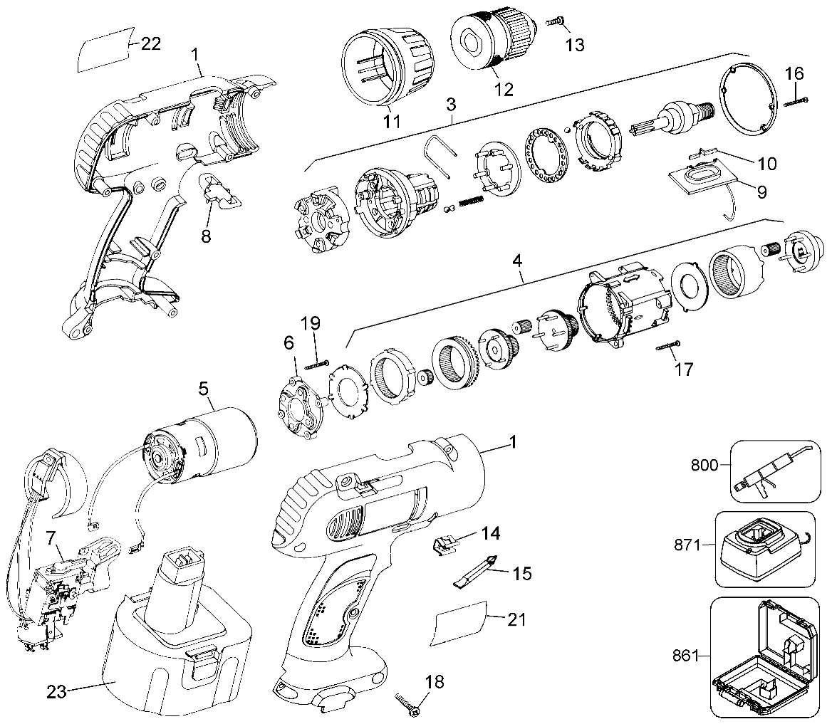 Default Diagram and Parts List for 2755K-2 Type 1 Black and Decker Boring Machine